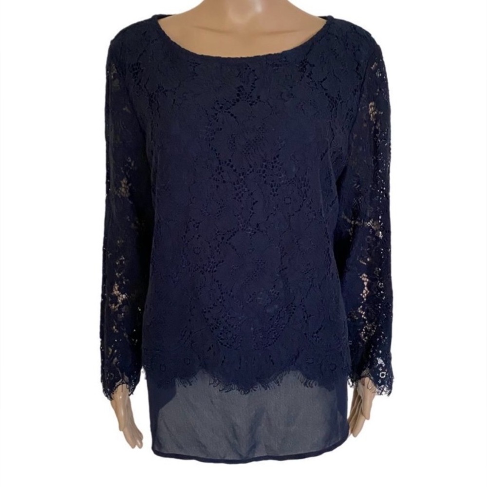 Banana Republic Size L Navy Blue Sheer Floral Lace Long Sleeve Blouse